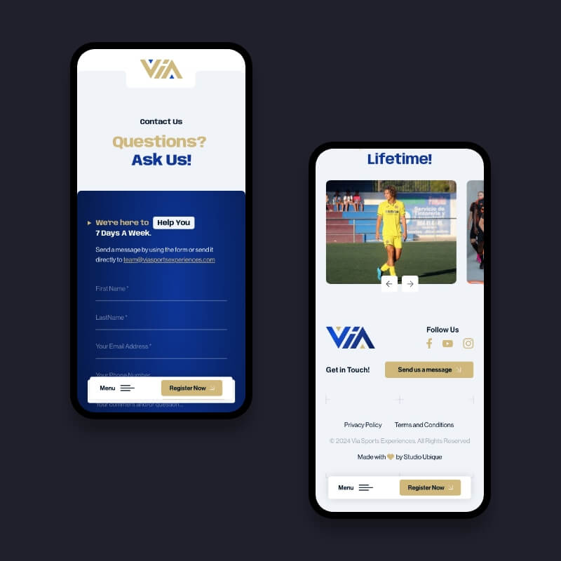 VIA Sports contactformulier en footer mobiele weergave WordPress jeugdvoetbal