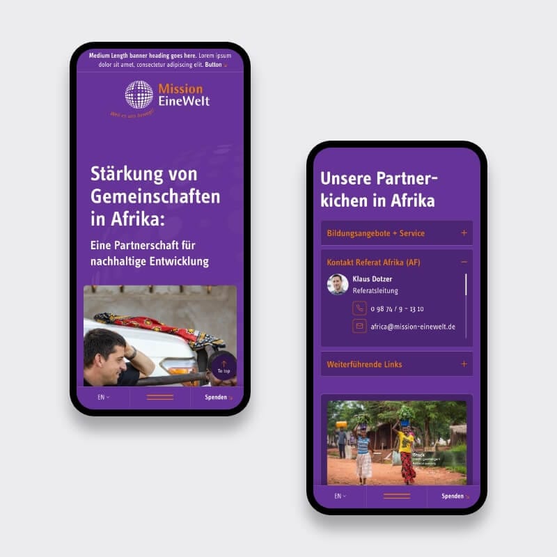 Mobile homepage of nonprofit website highlighting campaigns and donation call to action