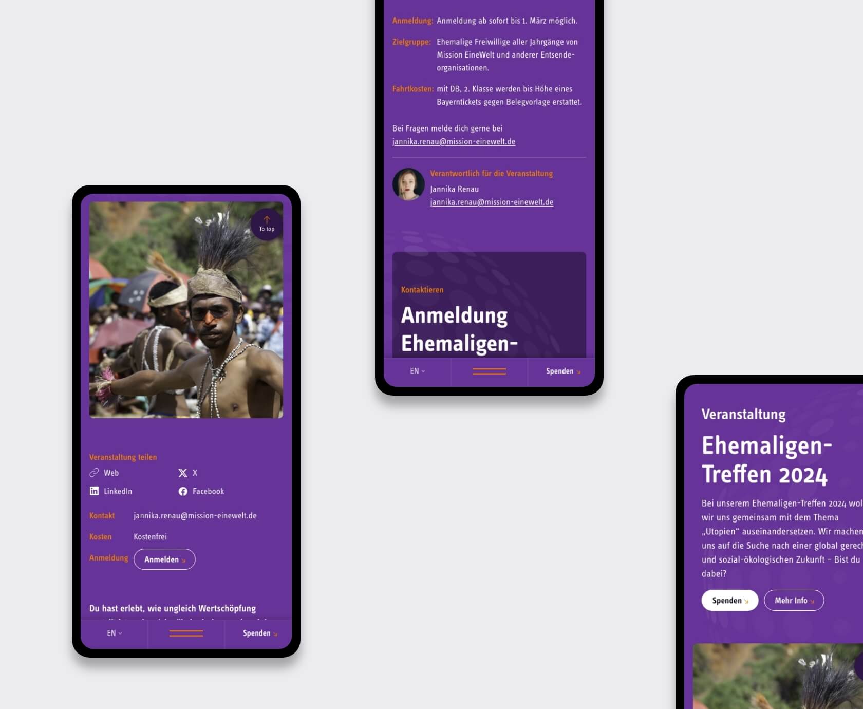 Mobile screens of nonprofit website highlighting campaigns and donation call to action
