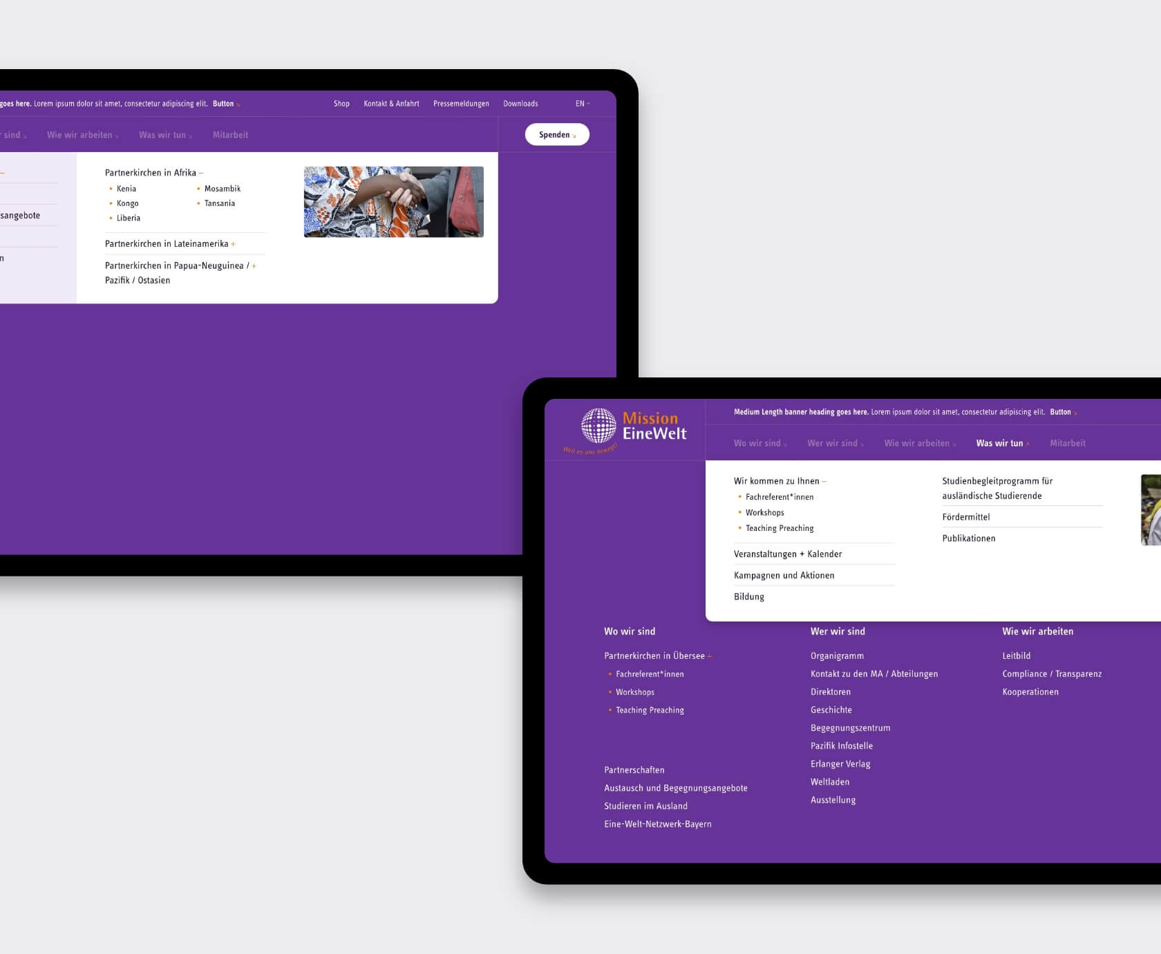 Mission EineWelt mega menu navigatie desktop en tablet weergave