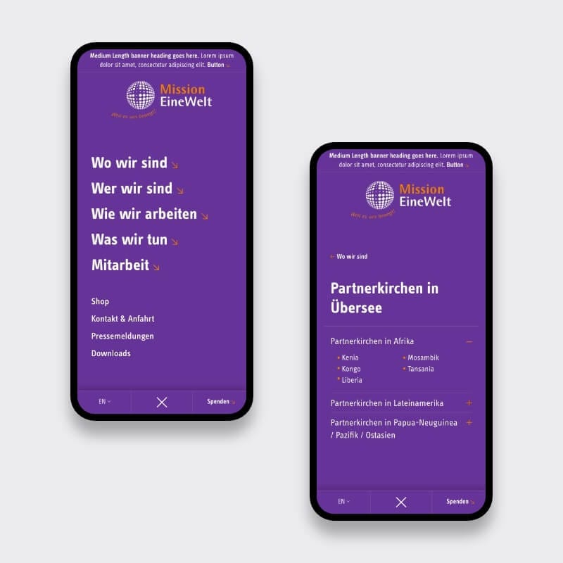Mobile mega menu demonstrating streamlined nonprofit website information architecture
