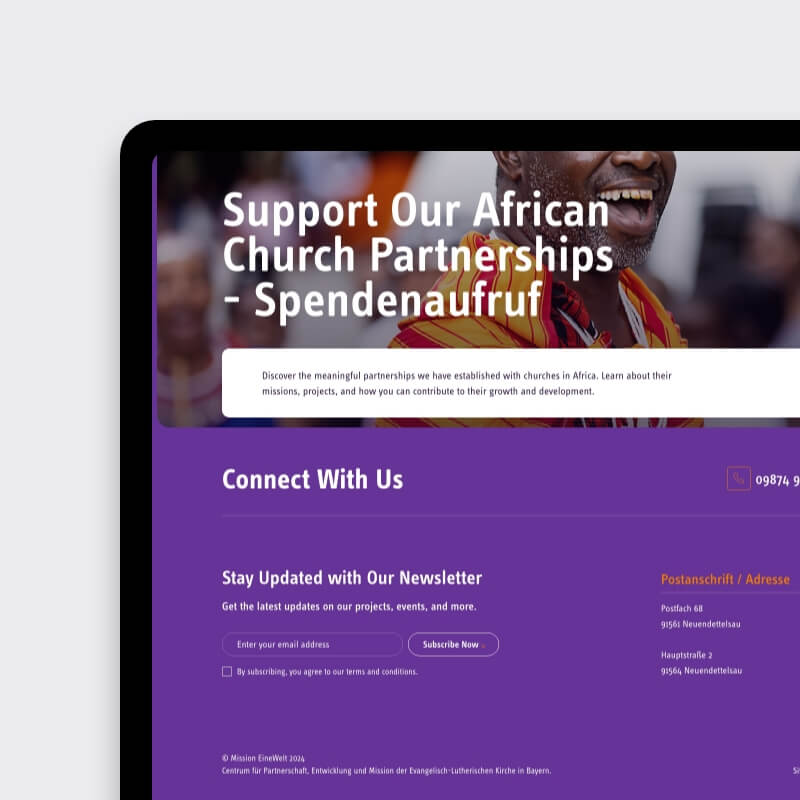 Mission EineWelt donatie sectie en footer desktop non-profit webdesign