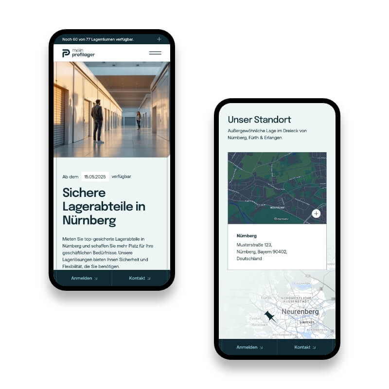 Mein Profilager self storage webdesign hero en locatiesectie mobiel