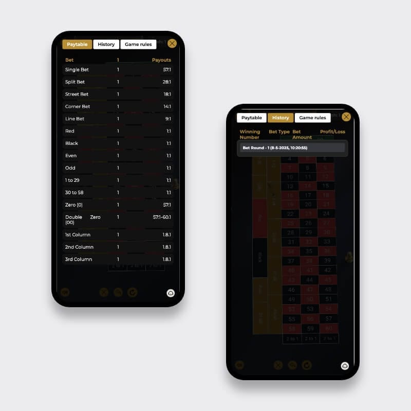 Mobile paytable and bet-history screens from the web-based 3D roulette game