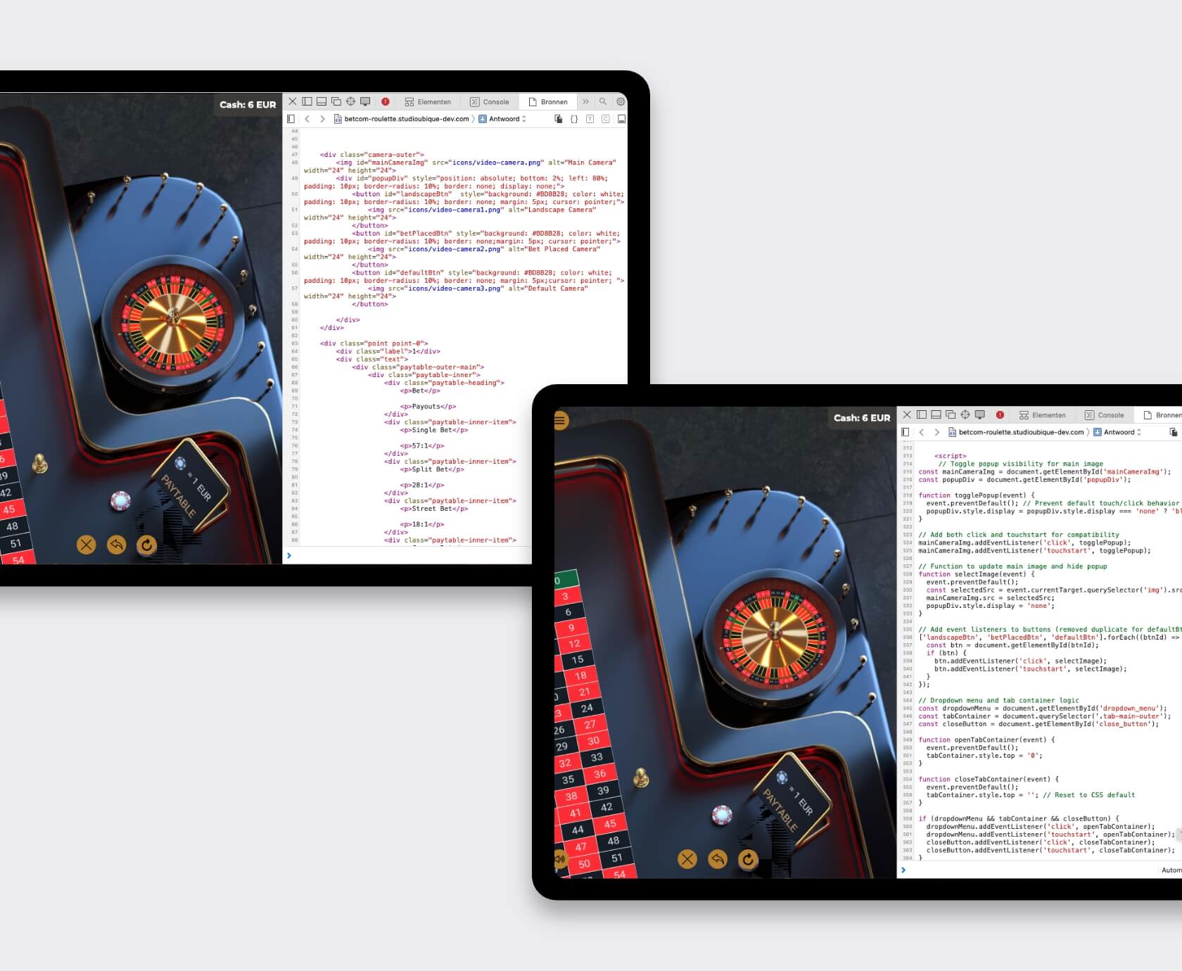 Side-by-side tablets showing roulette UI and HTML code in browser DevTools