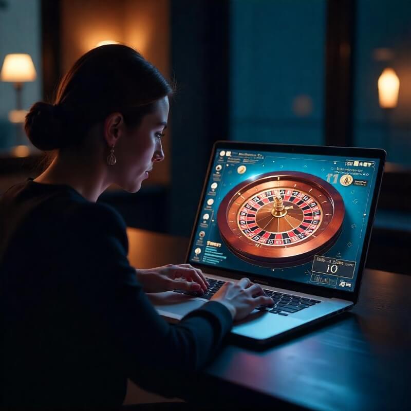 Woman playing web-based 3D roulette game on a laptop