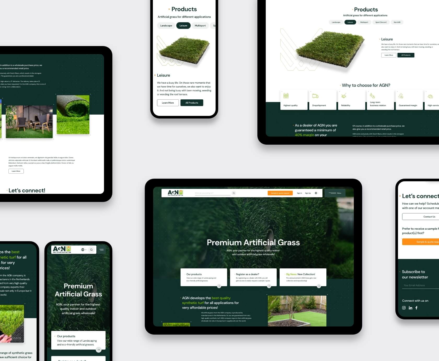 Collage of desktop and mobile mock-ups of the AGN artificial grass e-commerce WordPress site