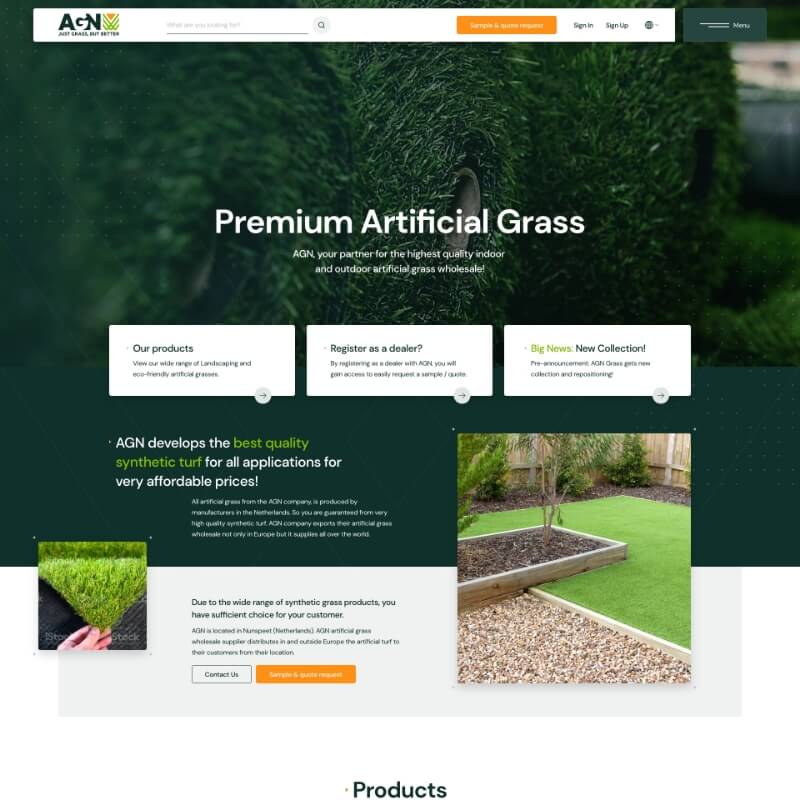 Desktop homepage mock-up showing hero banner with artificial grass product and multilingual menu