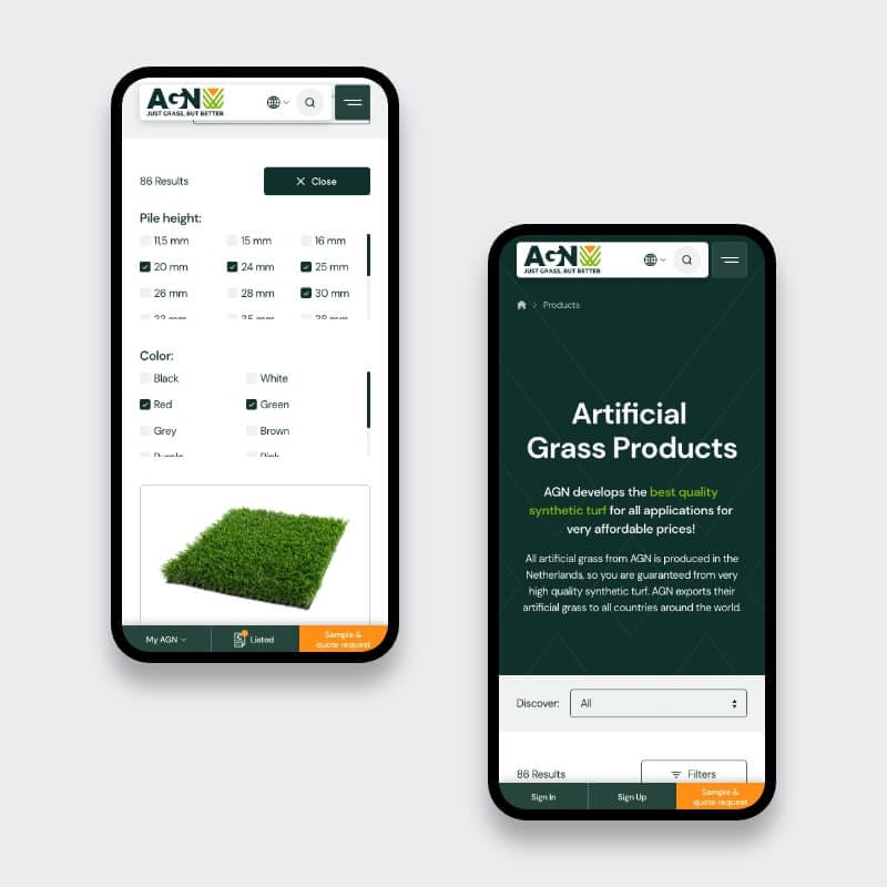 Mobile view of artificial grass product category page with filter and sort controls