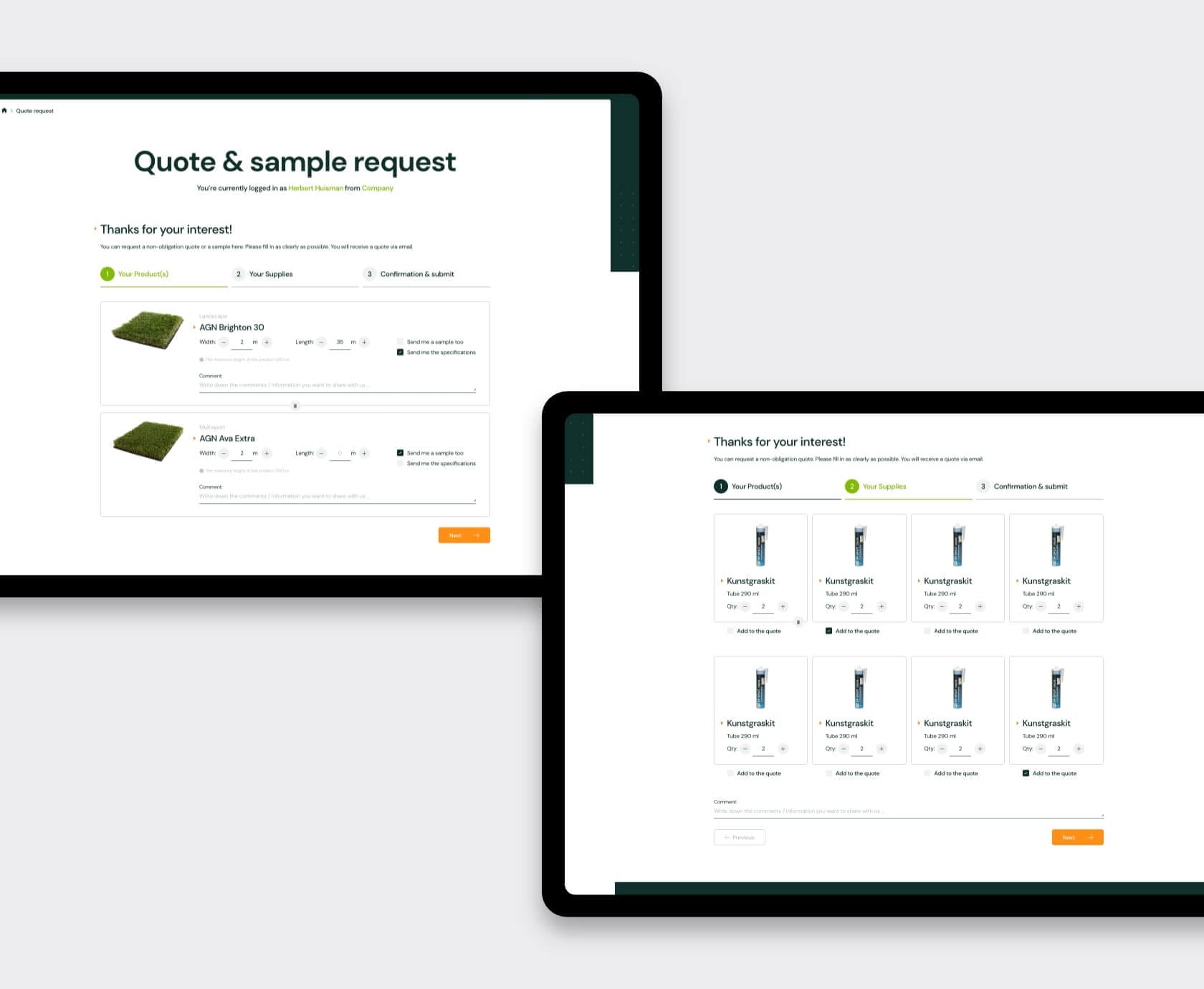 Tablet sample request form with product swatches and quantity selector