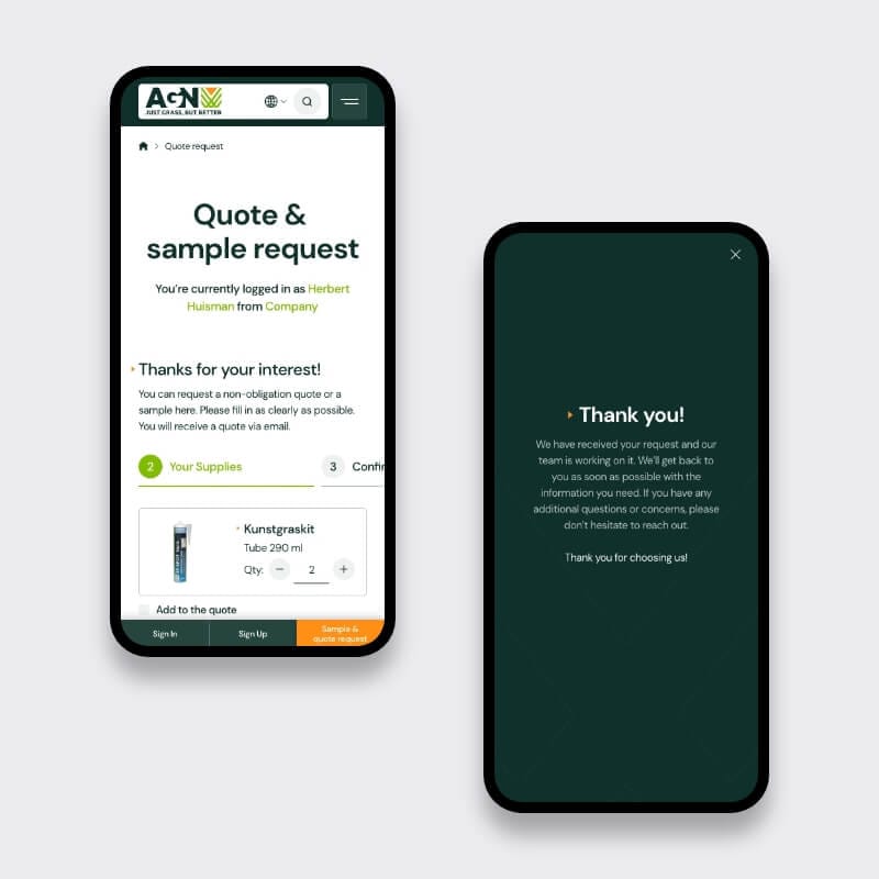 Mobile sample request form step with product swatchesand thank you confirmation page