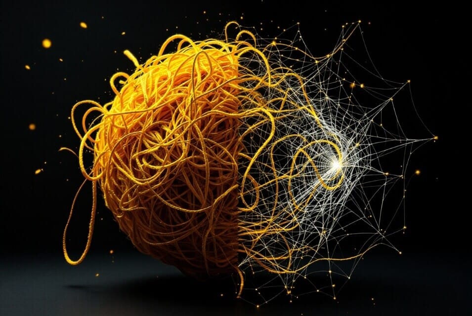 Surreal image of a tangled yellow thread transforming into a structured web, symbolizing the precision of design to code services, set against a dark background.