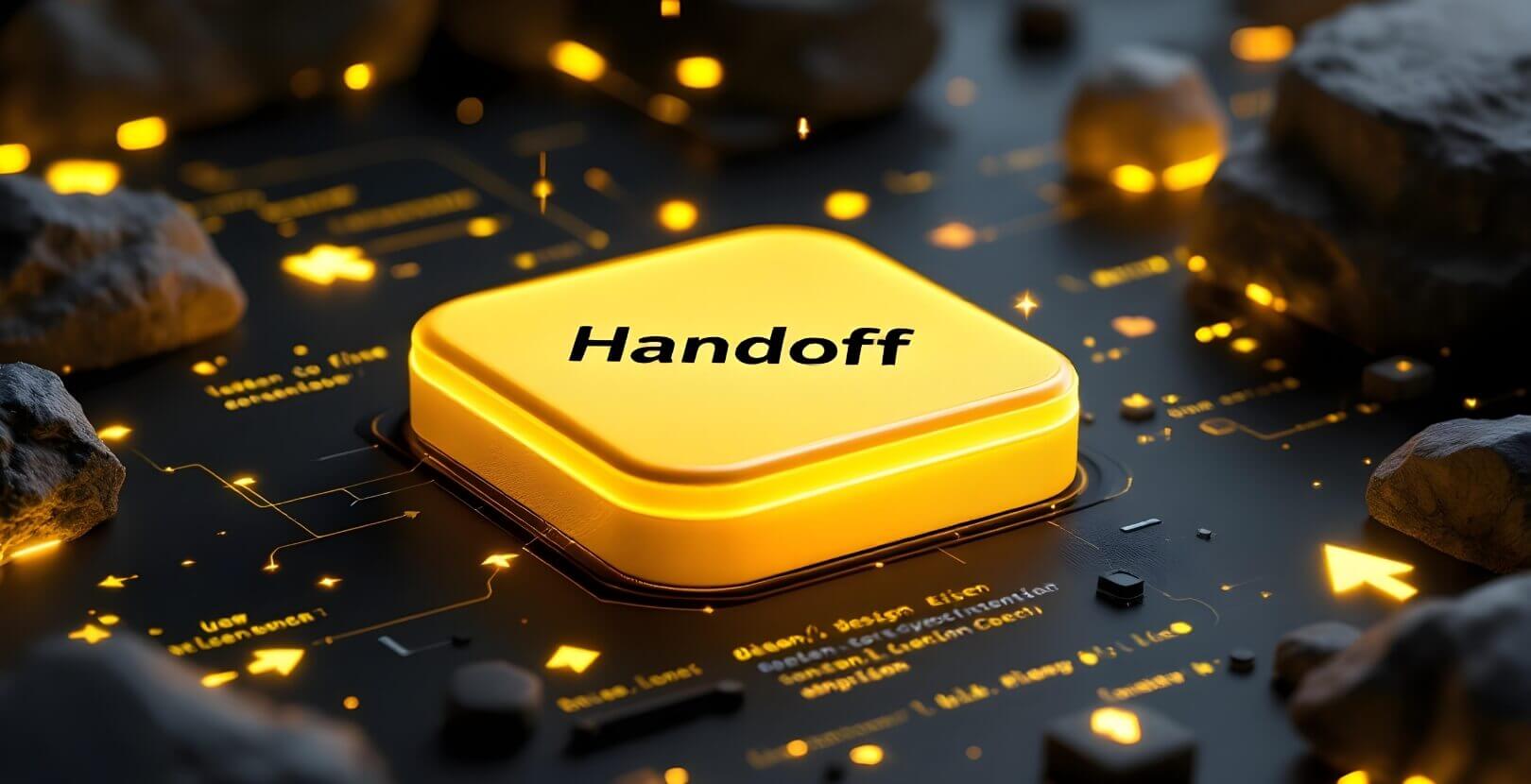Futuristic visual of a glowing yellow ‘handoff’ button surrounded by UI components and front-end code, representing smooth development-only services and structured coding.