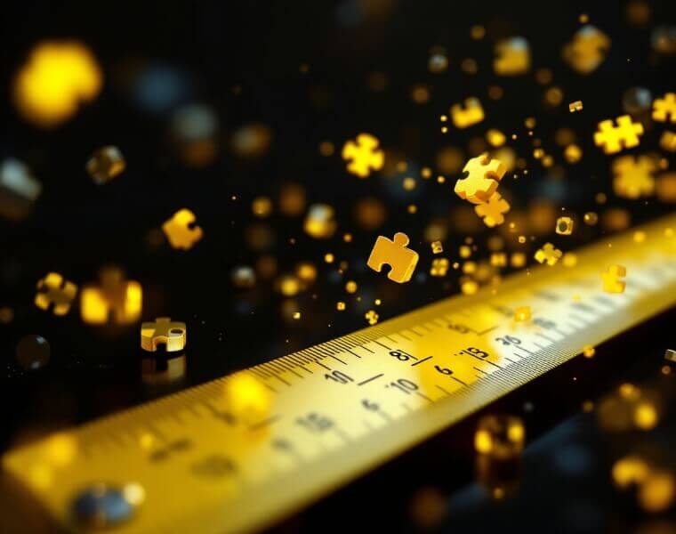 Abstract scene of a giant yellow ruler measuring pixel-perfect UI elements as they transition into clean front-end code, showcasing Figma to React.js and HTML/CSS development.