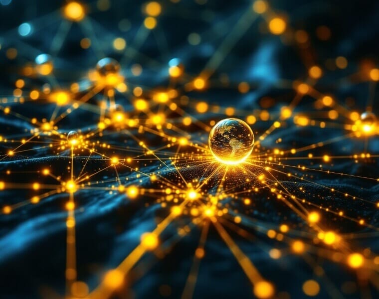 Glowing yellow nodes connected by neon lines forming an interactive UI, symbolizing the process of Adobe XD to HTML/CSS and React.js development for dynamic front-end projects.