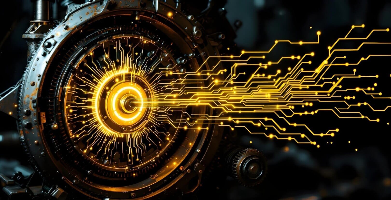 Old rusted machine being upgraded with sleek, glowing yellow components, representing jQuery to React.js migrations and modern front-end code upgrades.