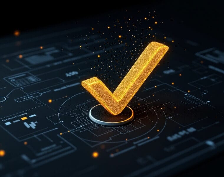 Minimalist image of a glowing yellow checkmark above a structured front-end blueprint, symbolizing trust and accuracy in design to code services for agencies.