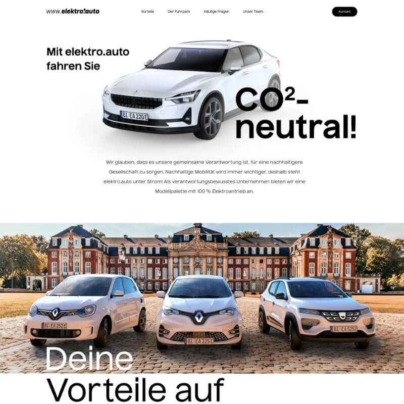 Hero of the electric car rental website featuring fully electric fleet outside Münster Palace