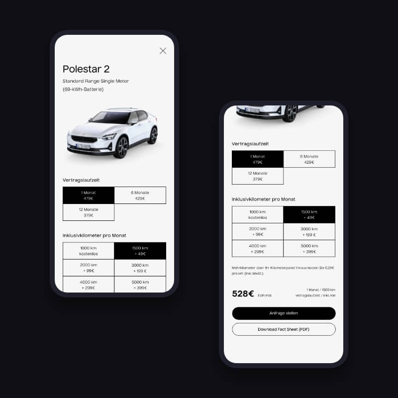 Mobile quote calculator screens illustrating single-page rental booking UX