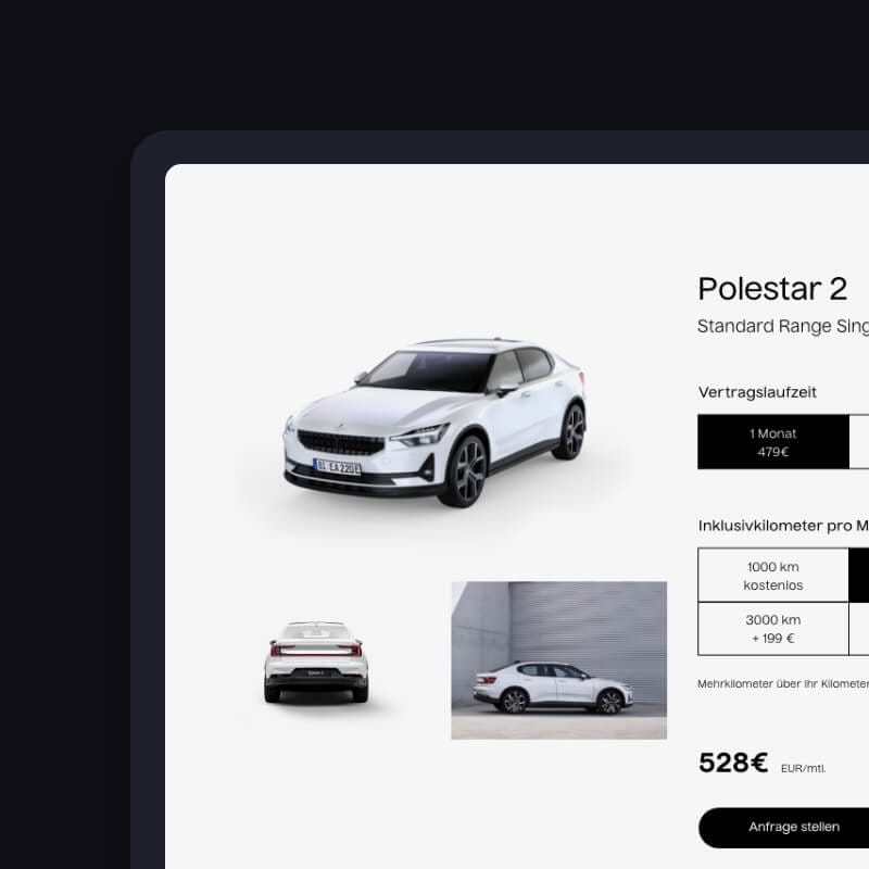 Desktop price interface highlighting the WordPress price quote calculator for Polestar 2