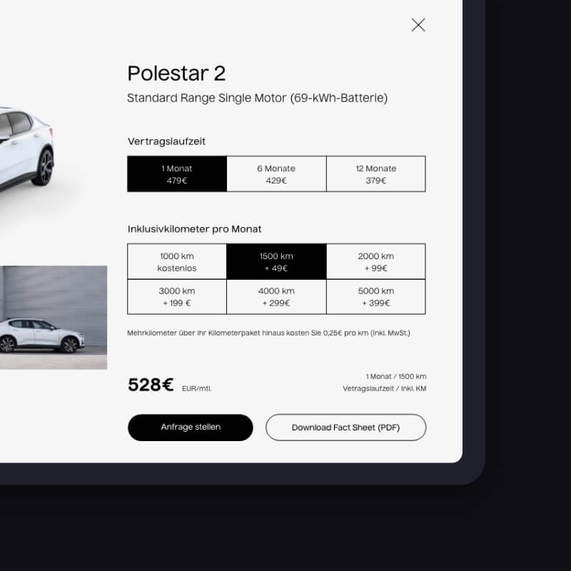 Detailed rental offer inside the one-page WordPress site, showing mileage tiers and CTAs