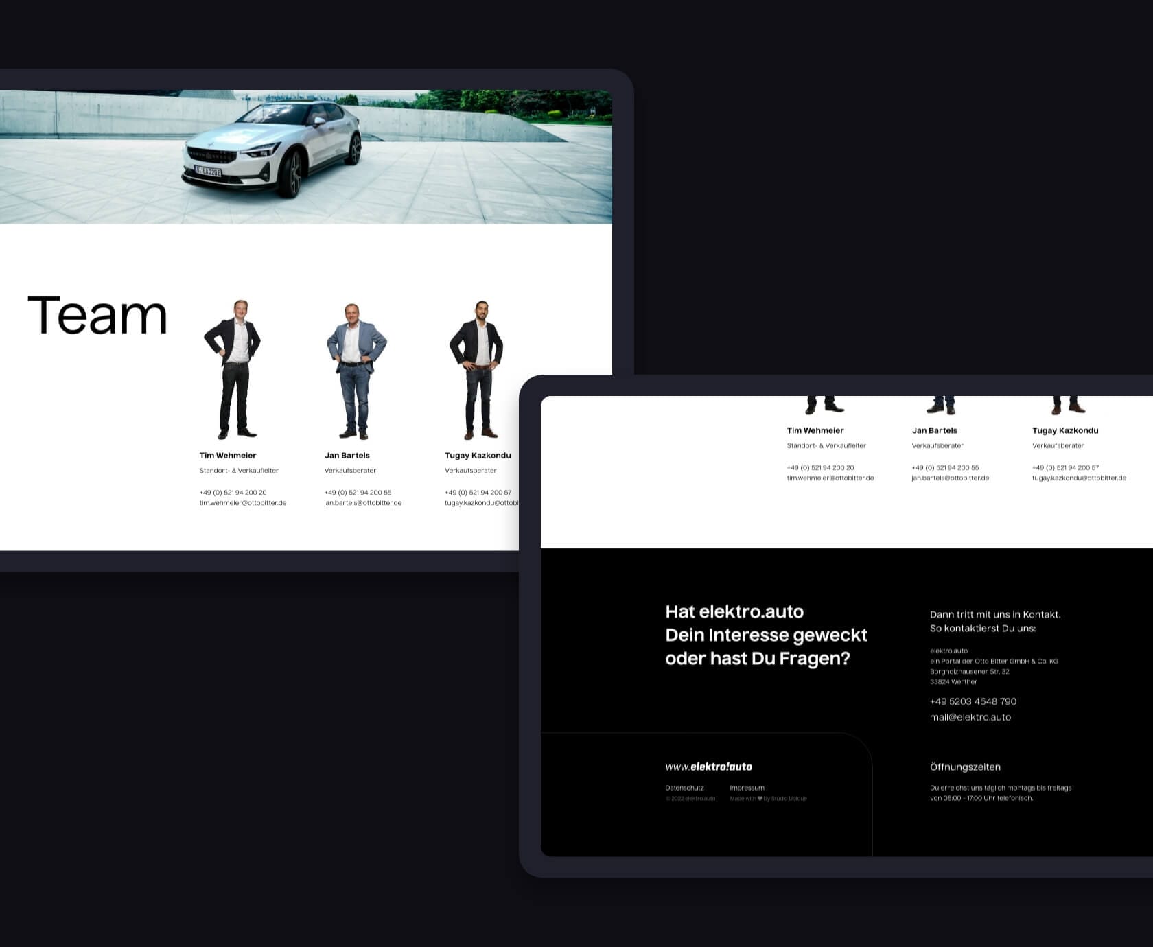 Team section and footer of the mobile-first sustainable mobility site