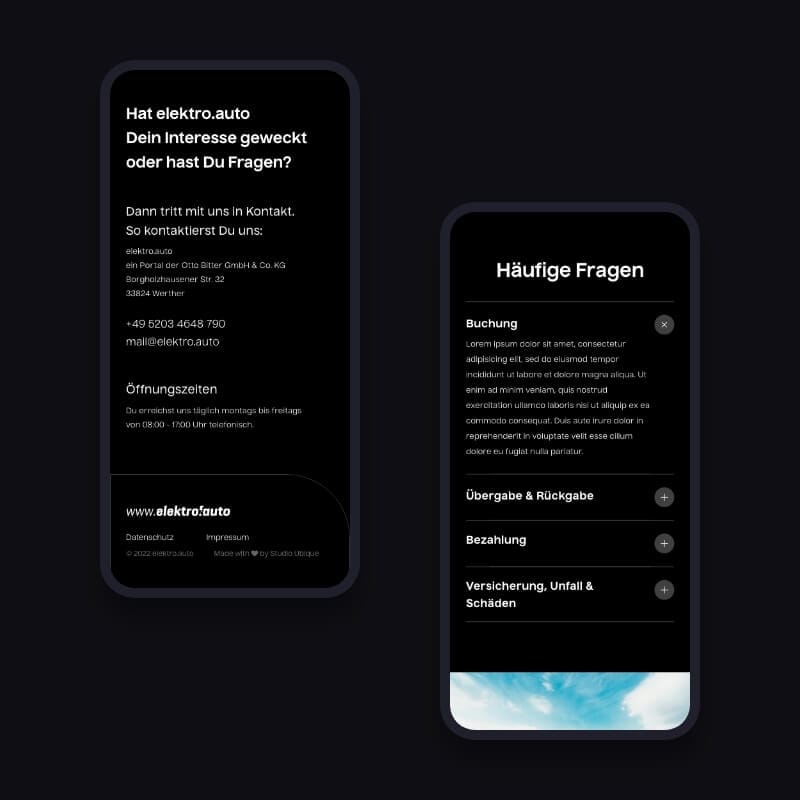 Mobile contact and FAQ panels, maintaining the single-page rental booking UX