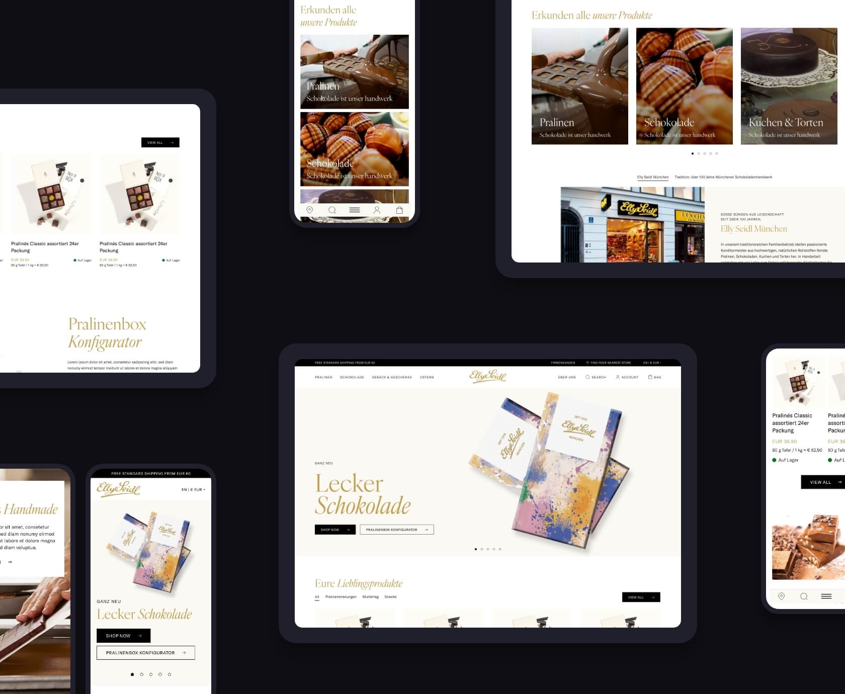 Collage of desktop, tablet and phone mock-ups of the redesigned Elly Seidl chocolate e-commerce UX
