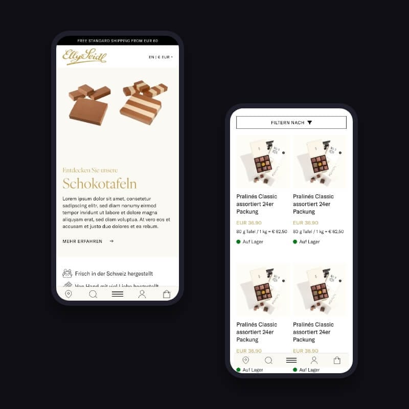 Two mobile screens showing chocolate product teaser and filterable product list