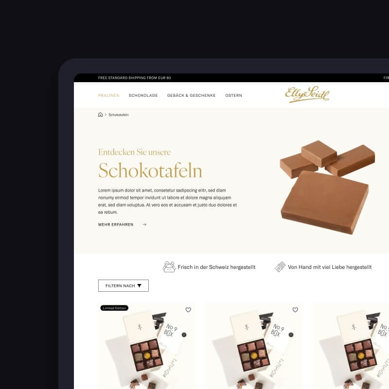 Tablet category hero featuring a chocolate-bar image and “Schokotafeln” heading