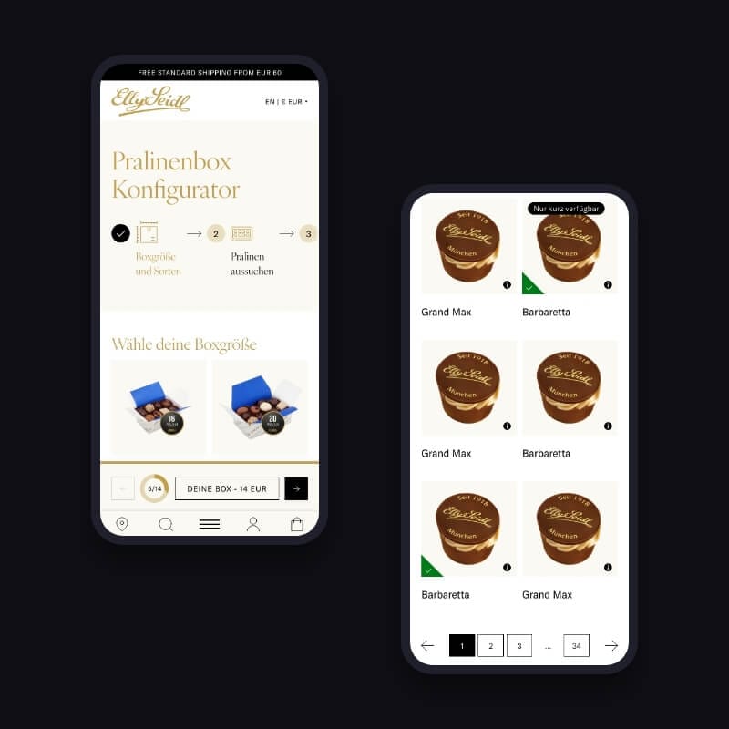 Desktop praline-box configurator page with newsletter sign-up section