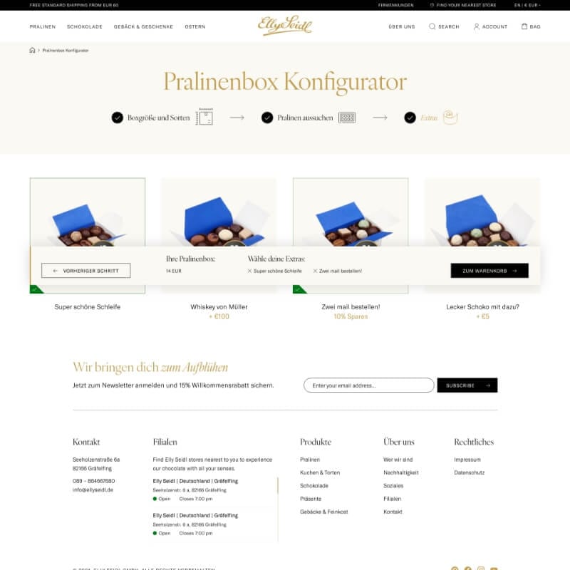 Mobile praline-box configurator showing box-size step and chocolate selection grid