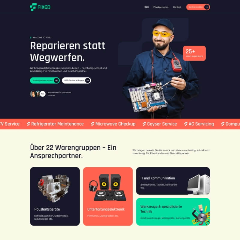 F1xed website redesign desktopweergave, hero sectie met monteur en productcategorieën overzicht