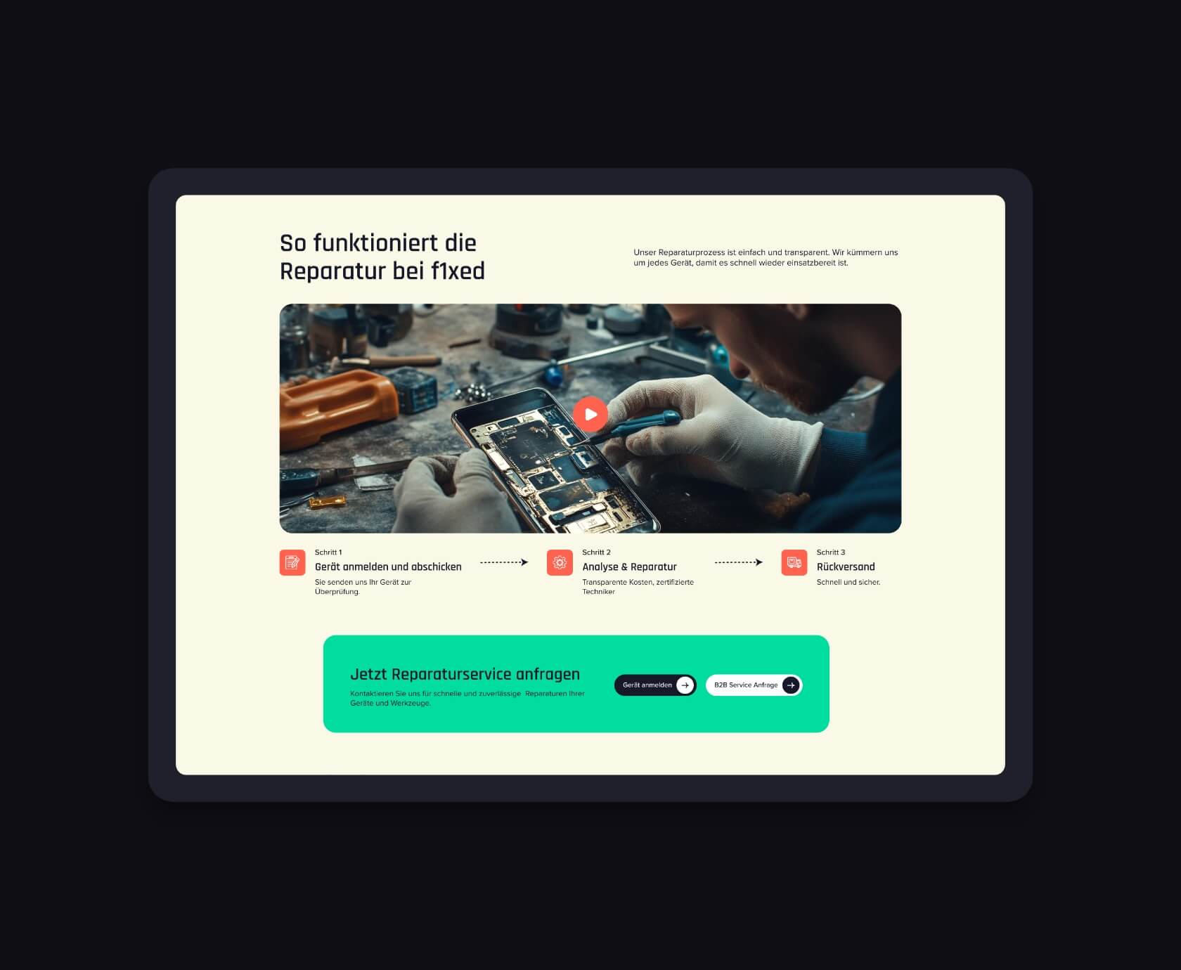 Reparatieproces pagina F1xed website redesign op tablet, stapsgewijze instructies en groen CTA-blok