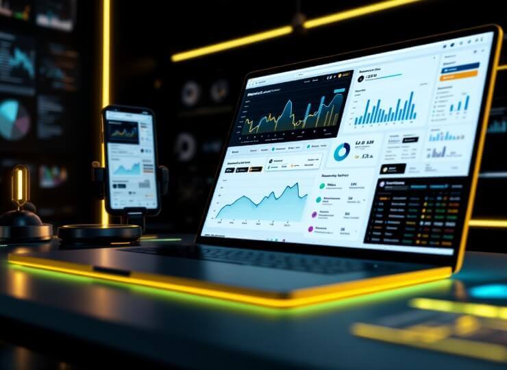 Business owner analyzing website challenges for businesses in a modern office, illuminated by soft yellow lighting.