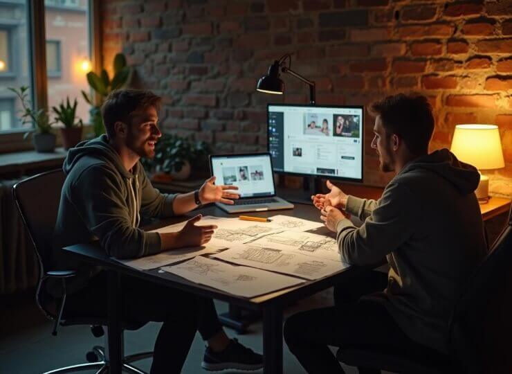 Confused client holding two opposite website designs in an industrial web design agency office—web design agency lessons on client expectations.