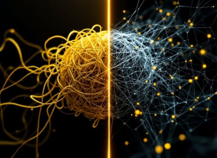 Abstract composition of floating UI elements, code snippets, and geometric shapes, representing design to code services with a dark background and glowing yellow accents.