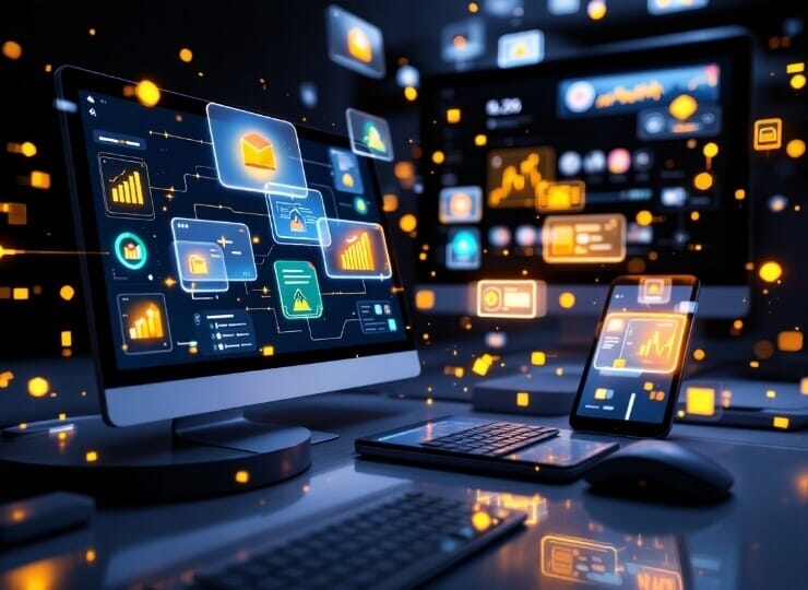 Illustration of a headless CMS workflow with content being distributed across multiple platforms.