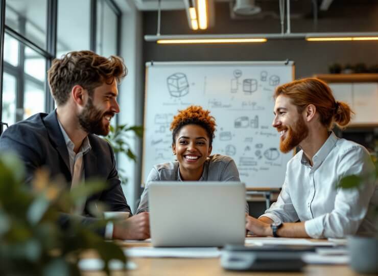 Business team discussing MVP development strategy in a modern office, reviewing a minimum viable product plan on a laptop.