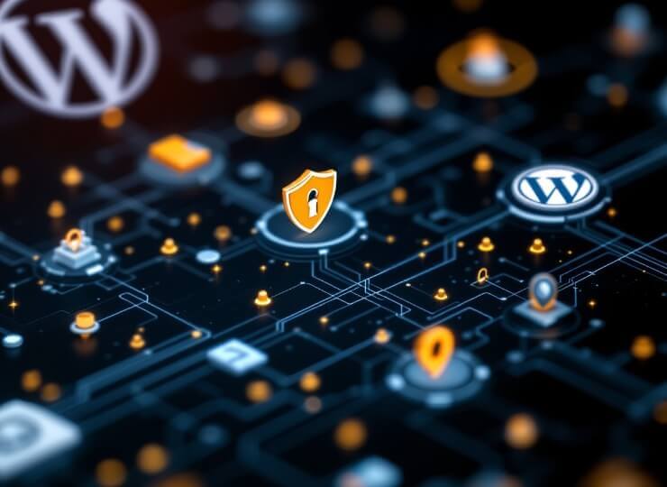 Abstract dark-themed design with yellow highlights representing WordPress maintenance and hosting workflow.