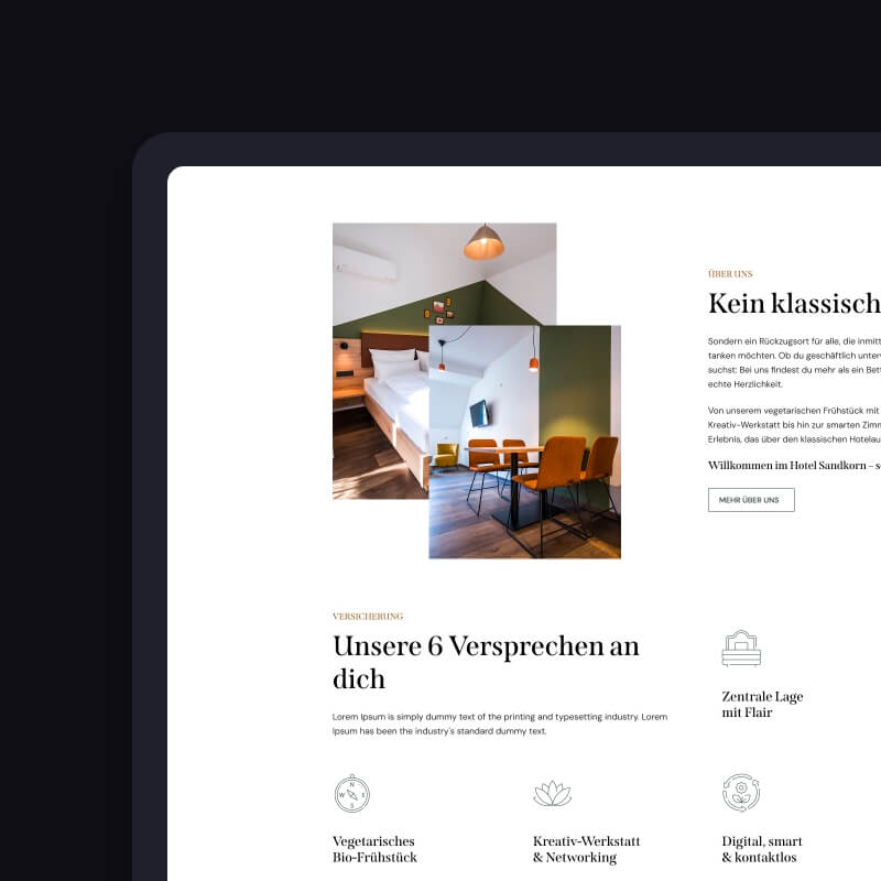 Over ons sectie webdesign hotel Sandkorn op tablet, overlappende kamerfoto's en zes beloften iconenrij