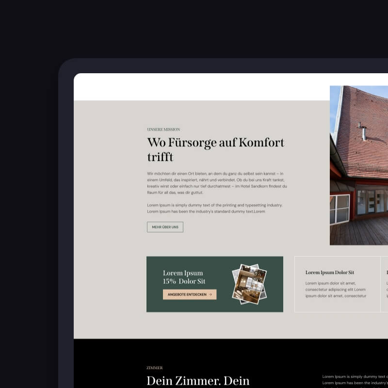 Missie sectie webdesign hotel Sandkorn op tablet, aanbiedingskaart en directe boekingen voordelen