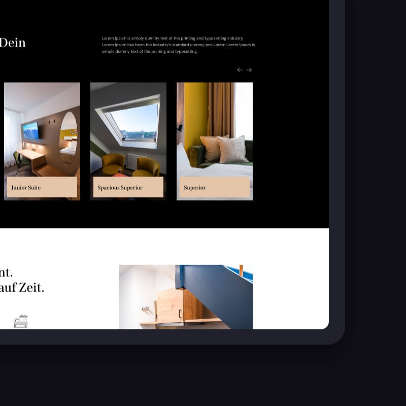 Kamersectie webdesign hotel Sandkorn, Junior Suite Spacious Superior en Superior kaartcarousel