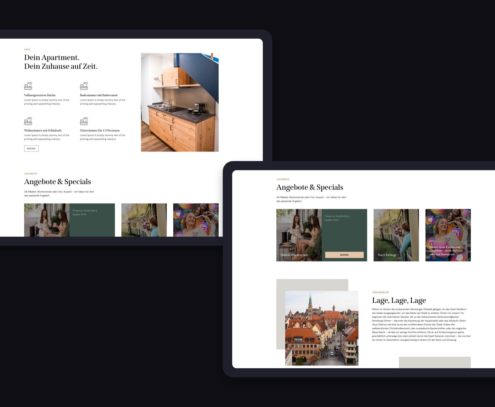 Aanbiedingen en locatiesectie webdesign hotel Sandkorn, Angebote en Specials overzicht met stadsafbeelding