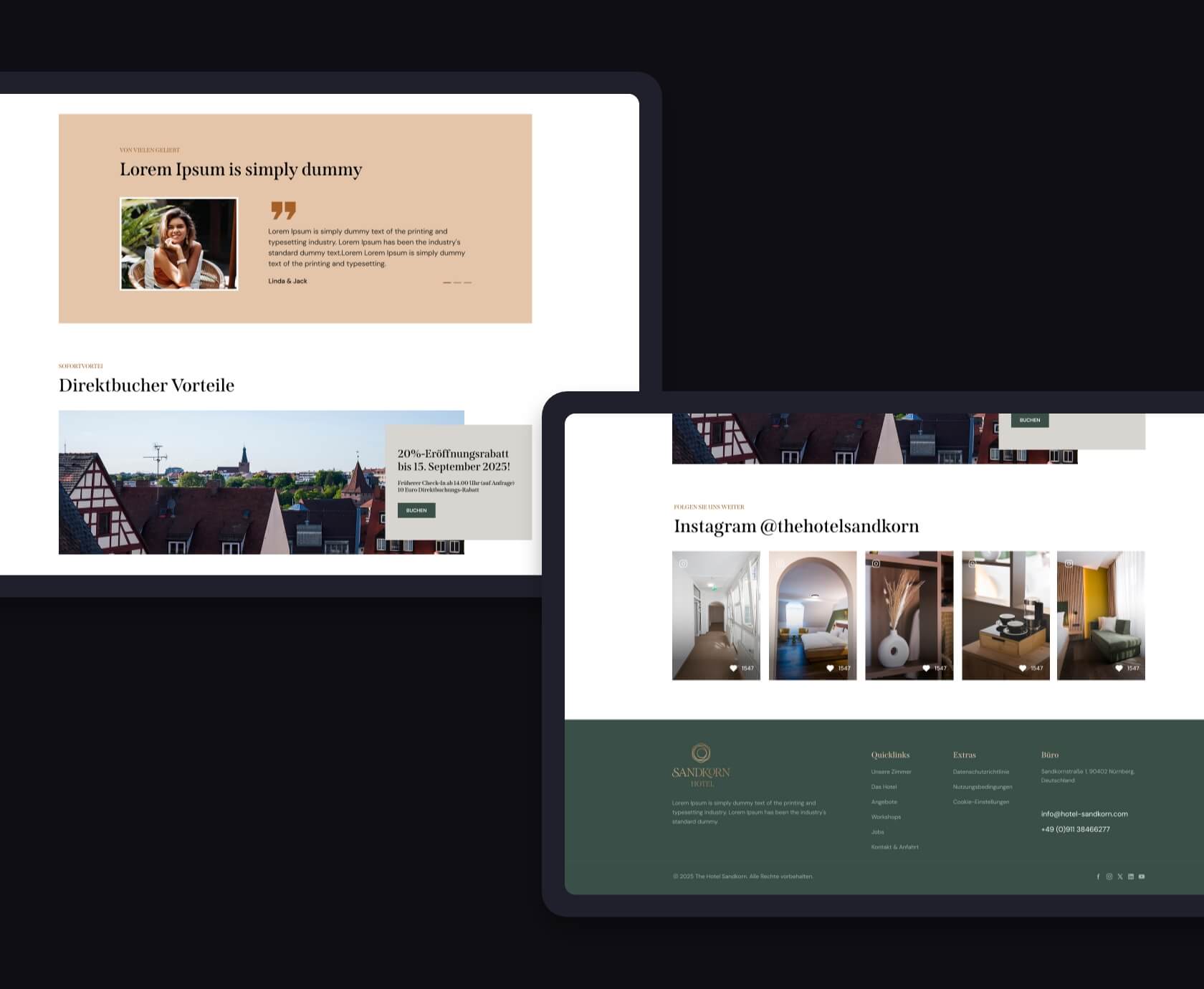 Reviews en directe boekingen voordelen webdesign hotel Sandkorn, Instagram feed en groene footer