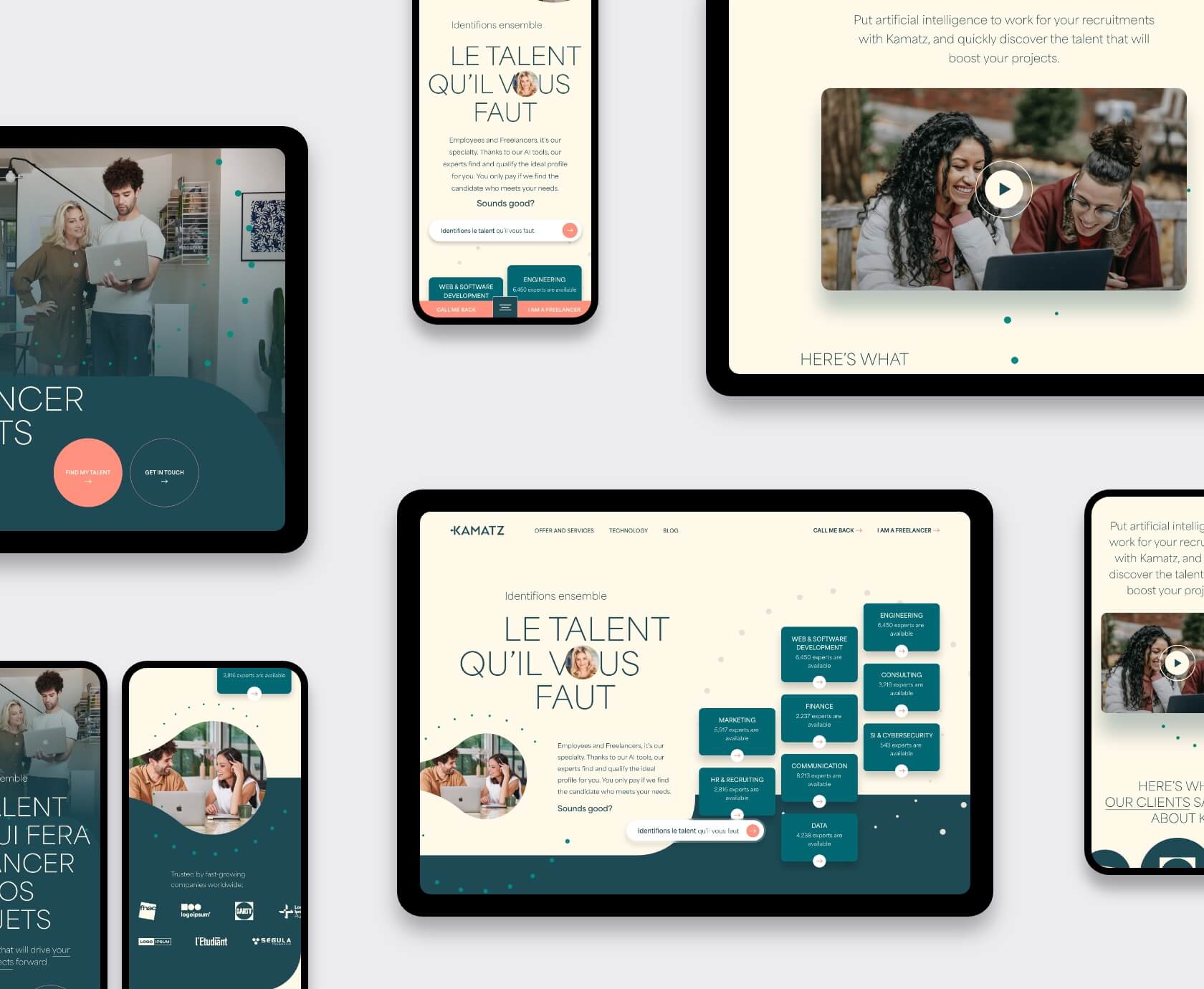 Overview of mobile and tablet final polished UI designs for Kamatz recruitment platform