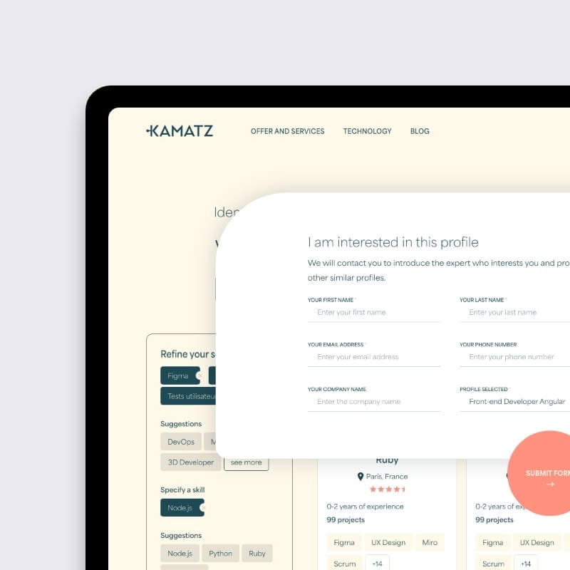 Responsive tablet and mobile mock-ups of the final Kamatz recruitment platform interface