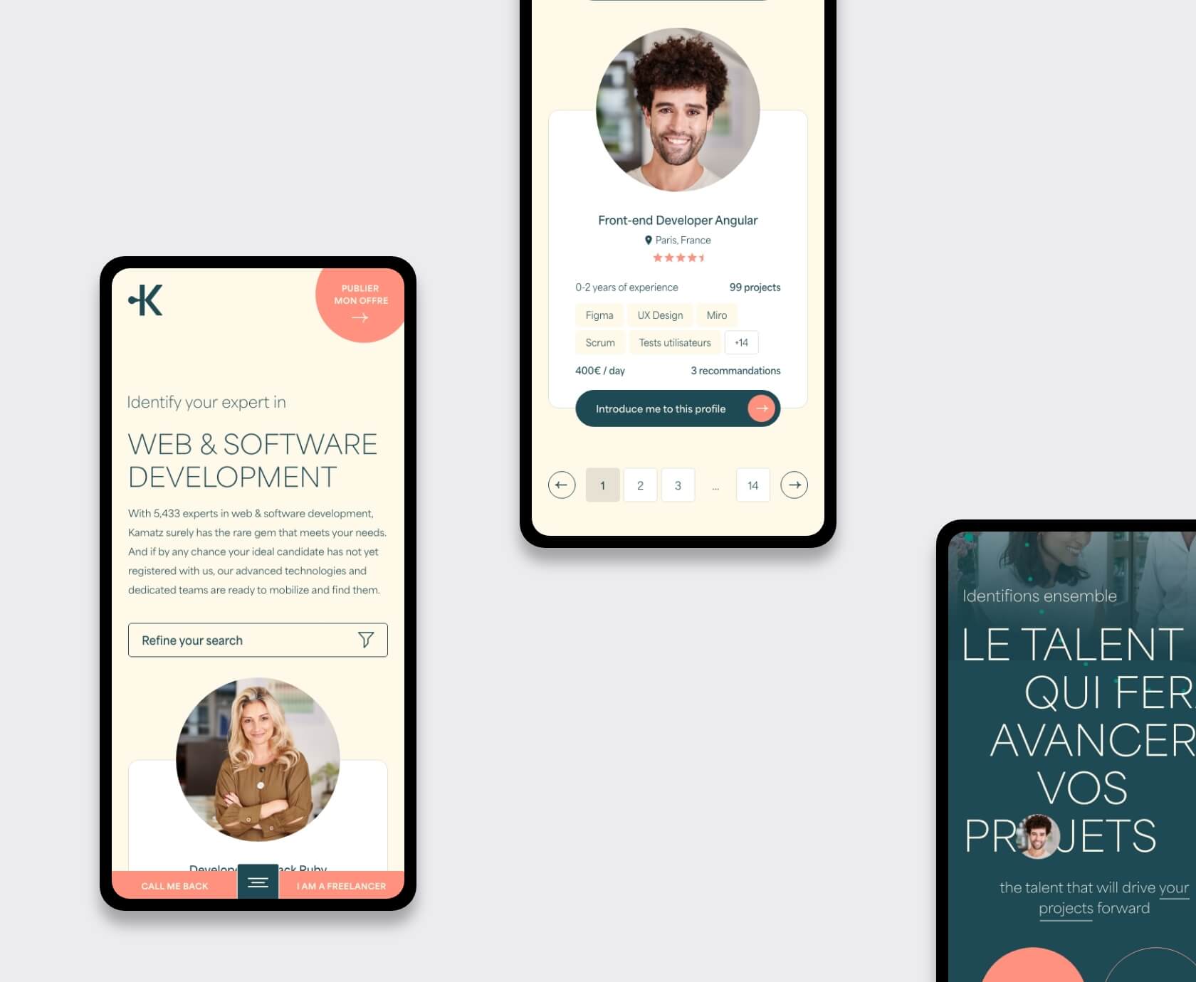 Mobile mock-up featuring subtle GSAP-powered scroll animations in the Kamatz interface