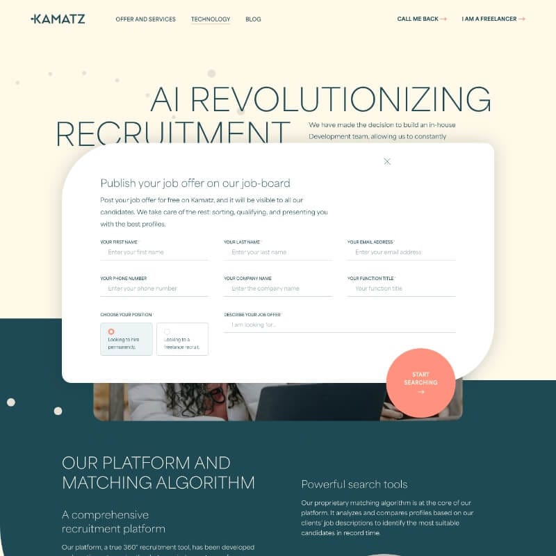 Responsive tablet and mobile mock-ups of the final Kamatz recruitment platform interface