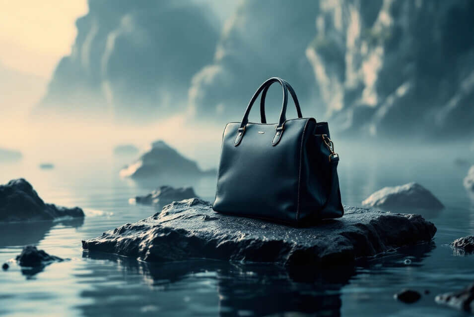 ai-generated product images of a high-end product shot of a black leather handbag, balanced on a rocky platform surrounded by serene water, surrealism, fluorescent lighting, soft mist,